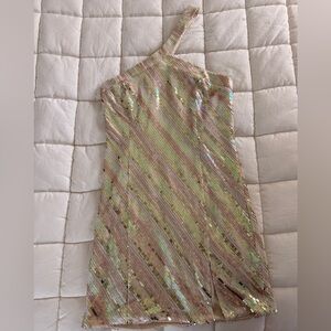 Superdown Sequin One-Shoulder Dress in Pink and Gold